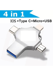 64GB 4 in 1 USB 3.0 Lightning Type C+Micro+USB Flash Drive, Silver