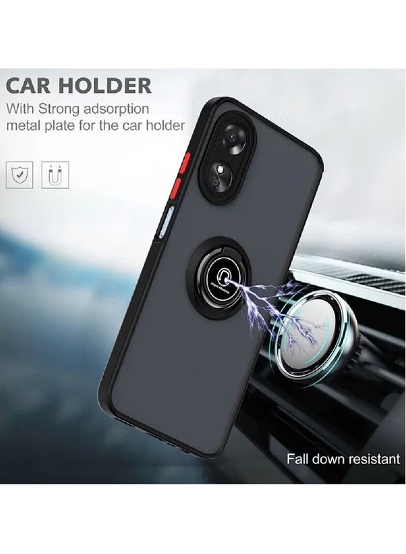 Olliwon Oppo Reno 8 T 5G Protective Shockproof Metal Ring Holder Grip Kickstand Car Magnetic Mount Matte Mobile Phone Case Cover, Black