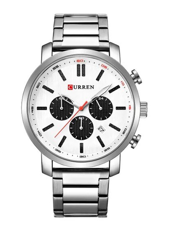 Curren Analog Watch for Men with Stainless Steel Band, Water Resistant and Chronograph, 8315, Silver/White