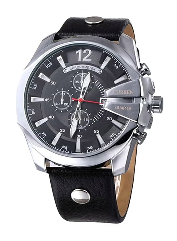 Curren Analog Watch for Men with Leather Band & Chronograph, WT-CU-8176-B, Black
