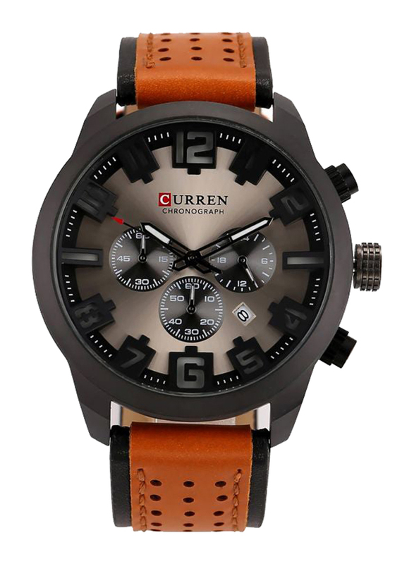 Curren Analog Wrist Watch for Men with Leather Band, Water Resistant and Chronograph, WT-CU-8289-GY, Brown/Black-Grey