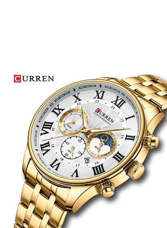 Curren Analog Watch for Men with Stainless Steel Band, Chronograph, Gold/White