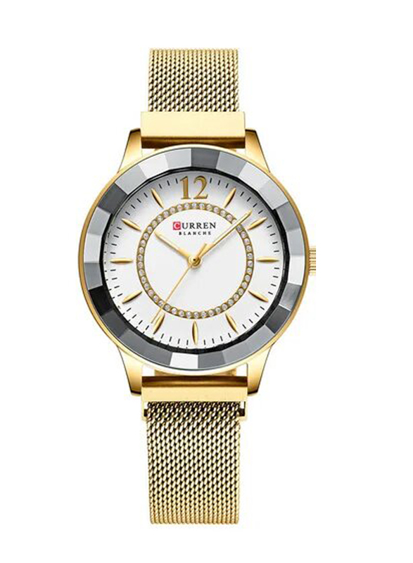 Curren Analog Unisex Watch with Stainless Steel Band, Gold-White