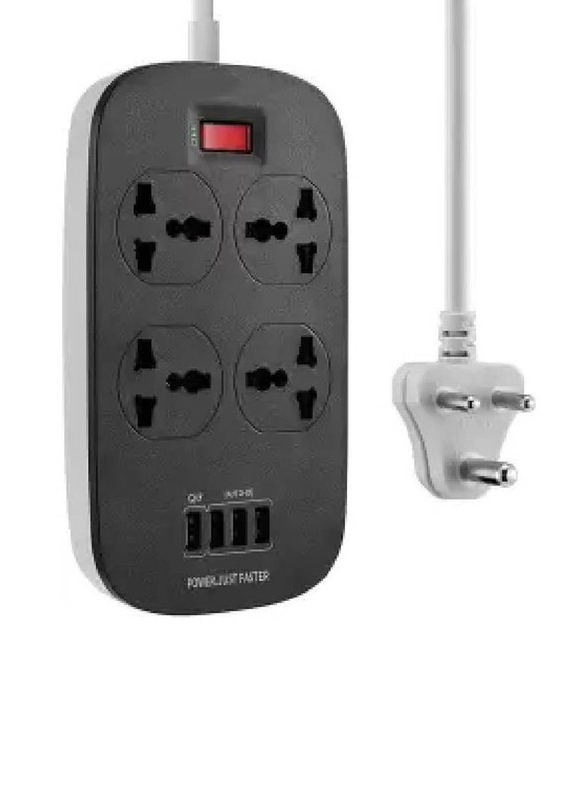 ICS Extension Cord, 2500W, with 4 Socket Outlets and 4 USB 3.4A Defender Series Overload Protection, Black/Grey