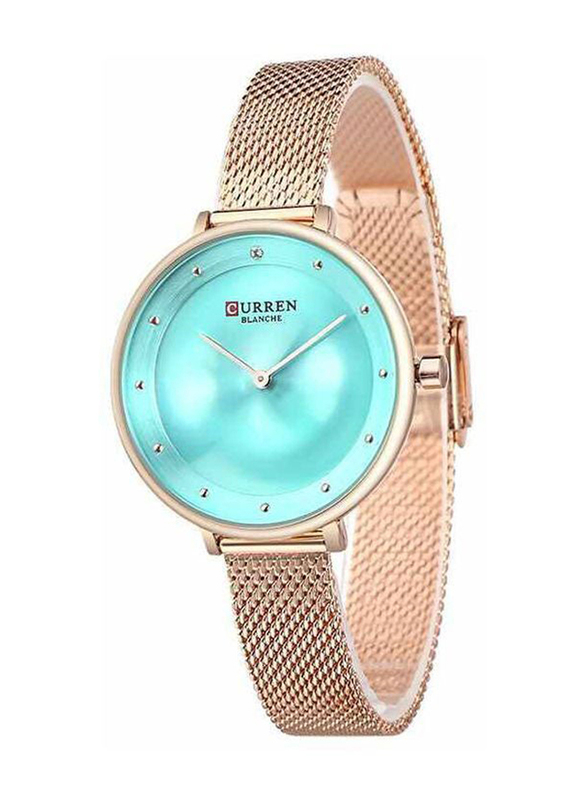 Curren Analog Watch for Women with Stainless Steel Band, Water Resistant, 9029, Gold-Blue