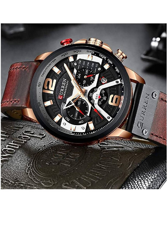 Curren Analog Quartz Watch for Men with Leather Band, Water Resistant and Chronograph, Brown-Black