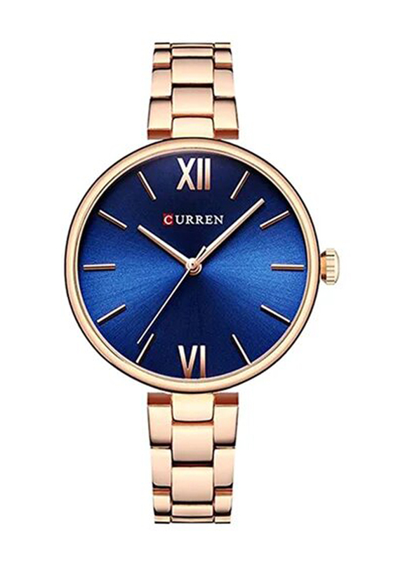 Curren Analog Watch for Women with Stainless Steel Band, Water Resistant, WT-CU-9017-RGO2, Gold-Blue