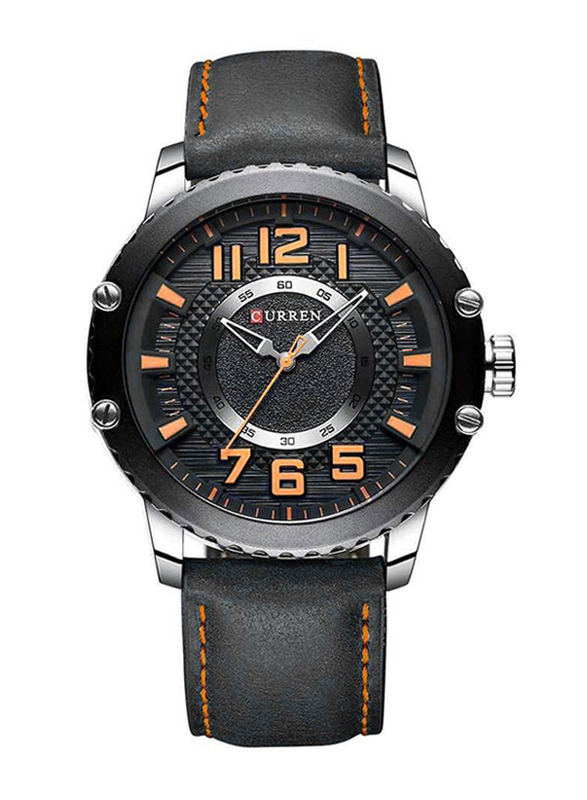 Curren Analog Watch for Men with Leather Band, Water Resistant, 8341, Black-Black/Orange