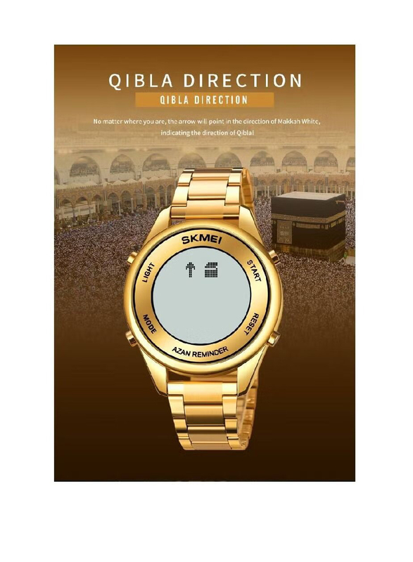 SKMEI Digital Watch for Men Islamic Prayer Adhan Alarm & Islamic Calendar with Stainless Steel Band, Gold-Black