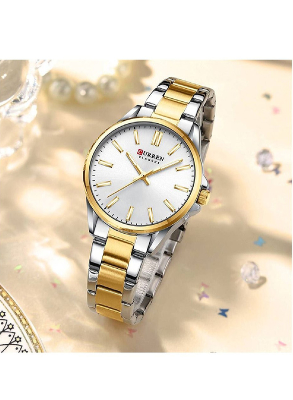 Curren New Fashion Classic Analog Watch for Women with Stainless Steel Band, Water Resistant, Silver/Gold-White