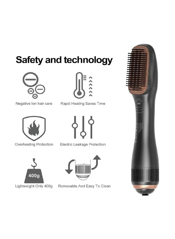 Rabos 3 In 1 Professional Hair Brush Negative Ion Blow Dryer Straightening Brush Hot Air Styling Comb, Black