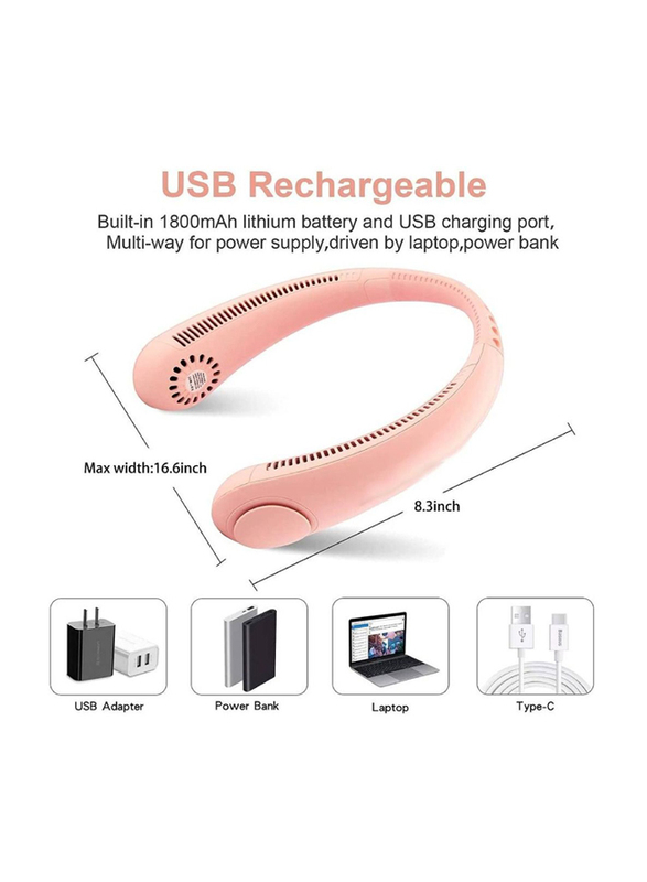 Portable Bladeless 360° Cooling USB Rechargeable Headphone Design 3 Wind Speed Neck Fan, Pink