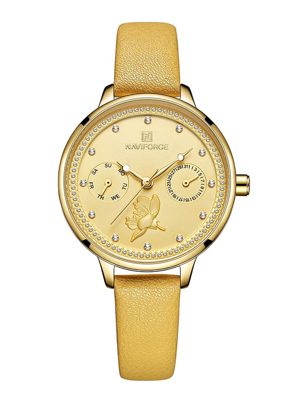 Naviforce Analog Watch for Women with Leather Band, NF5003 G/G/Y, Gold