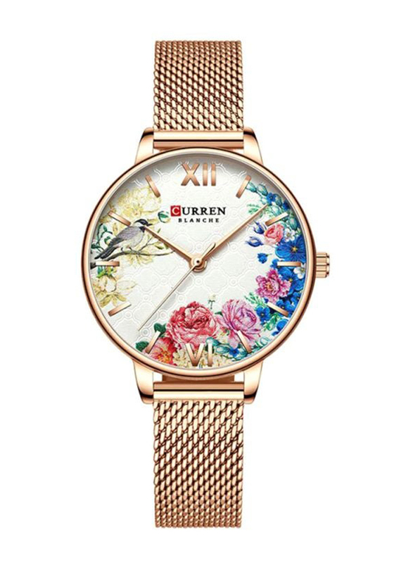 Curren Analog Wrist Watch for Women with Metal Band, Water Resistant, 9059, Gold-White