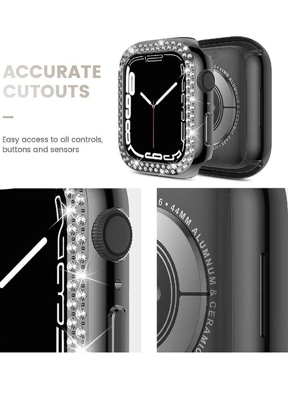 Protective iWatch PC Bling Diamond Crystal Frame Case Cover for Apple Watch Series 7 45mm, 2 Pieces, Clear/Black