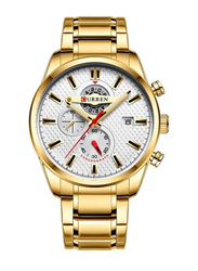 Curren Analog Watch for Men with Stainless Steel Band, Water Resistant and Chronograph, J4194G, Gold/White