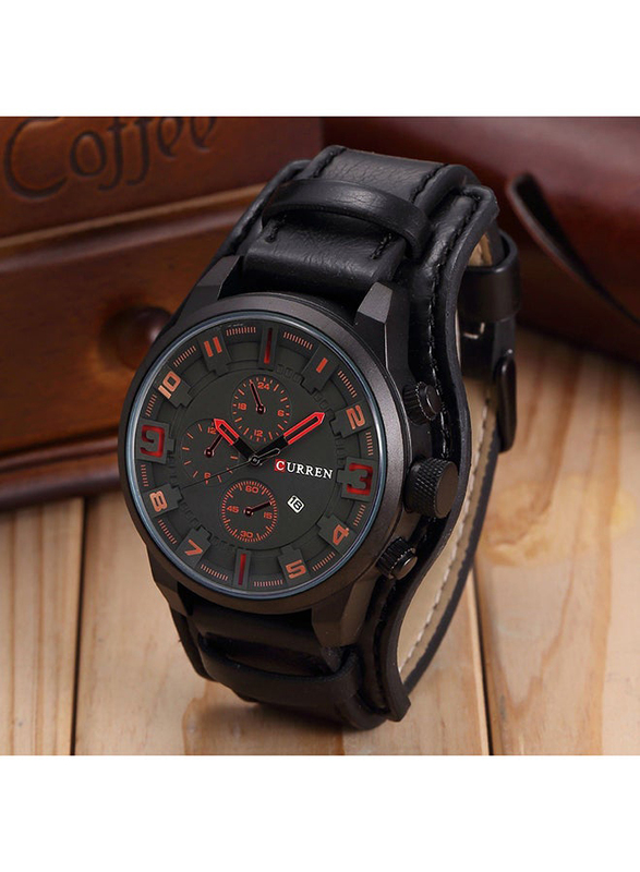 Curren Analog Watch for Men with Leather Band, Chronograph, WA120, Black