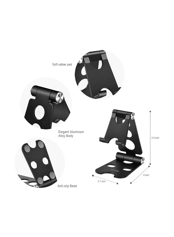 iPad, iPhone, Samsung, LG and More Aluminum Portable Folding Adjustable Stand Mounts with Anti-Slip Base Desktop, Cell Phone and Tablet Holder, Black