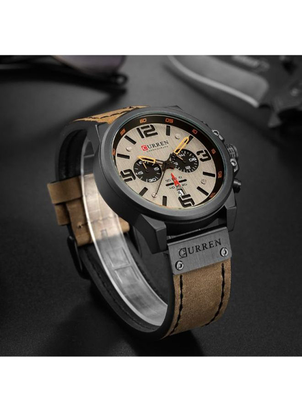 Curren Analog Wrist Watch for Men with Leather Band, Chronograph, J4370-4-KM, Beige-Brown