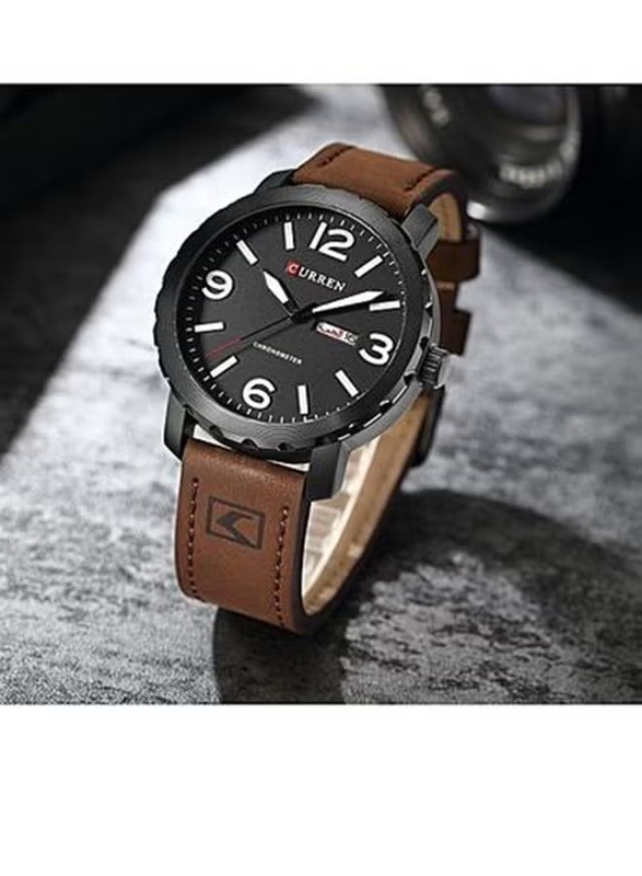 Curren Analog Watch for Men with Leather Band, Water Resistant, 8273, Brown-Black