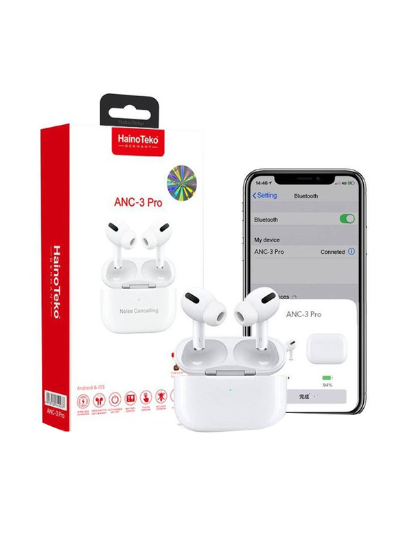 Haino Teko Germany 2-in-1 ANC-3 Pro Bluetooth Wireless In-Ear Earbuds with Modio MW07 Smart Watch, White/Black