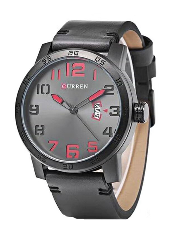 Curren Analog Watch for Men with Leather Band with Date Display, Water Resistant, 8254-BKBK, Black
