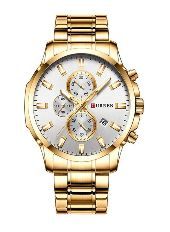 Curren Analog Watch for Men with Stainless Steel Band, Water Resistant and Chronograph, 8368, Gold-White