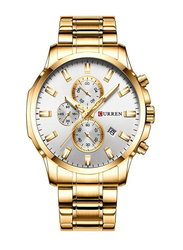 Curren Analog Watch for Men with Stainless Steel Band, Water Resistant and Chronograph, 8368, Gold-White