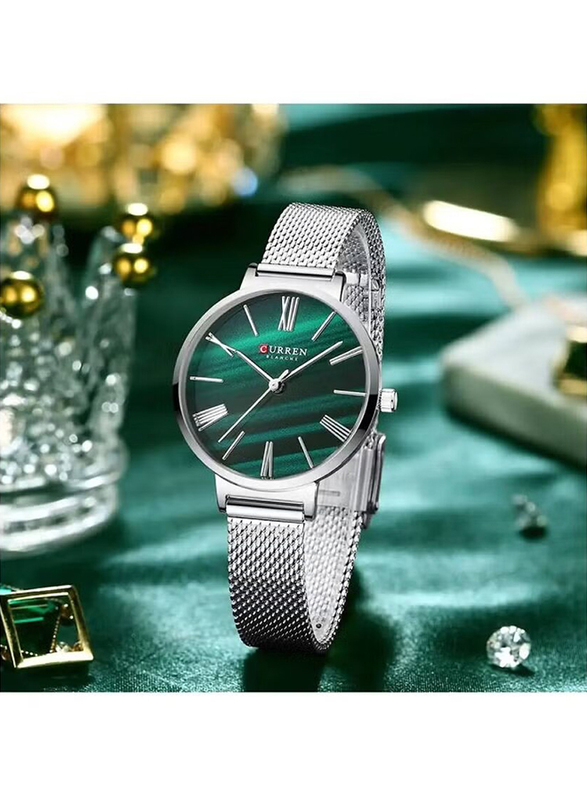 Curren Analog Quartz Watch for Women with Stainless Steel Band, Water Resistant, 9076, Silver-Green