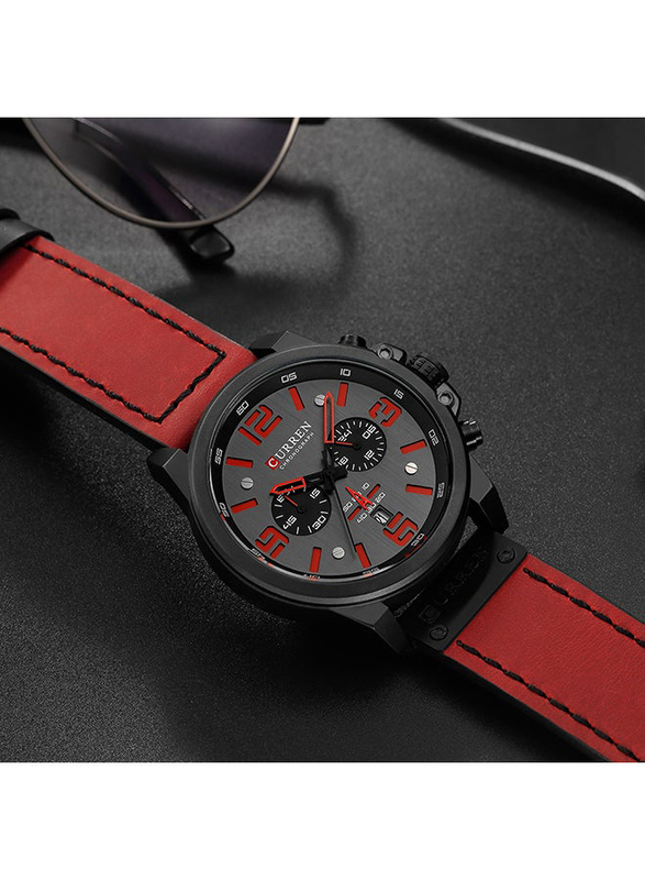 Curren Analog Unisex Watch with Leather, Chronograph, J4370-3, Red-Black