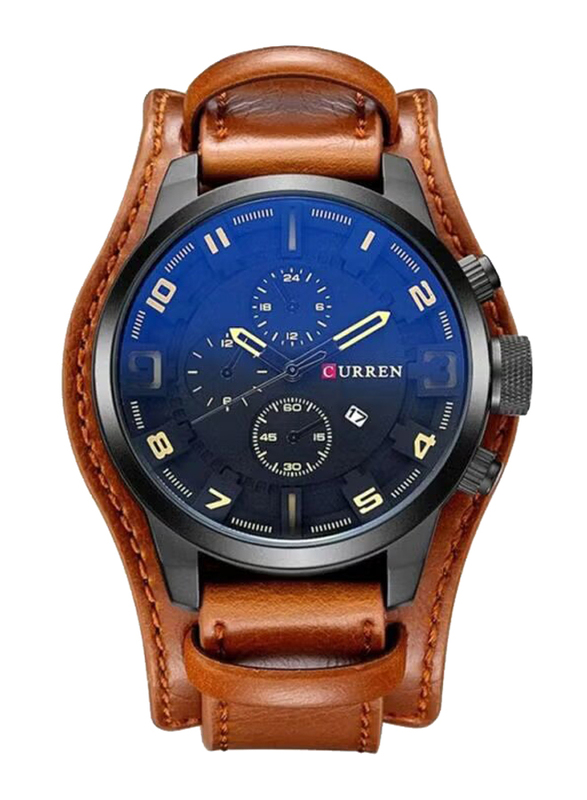 Curren Analog Quartz Watch for Men with Leather Band, Water Resistant and Chronograph, 8225, Brown-Black