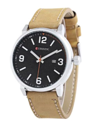 Curren Analog Quartz Watch for Men with Leather Band, Water Resistant, 8218, Beige-Black