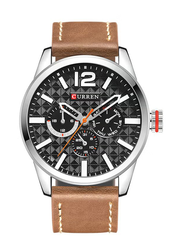 Curren Analog Watch for Men with Leather Band, Water Resistant, 8247, Brown-Black