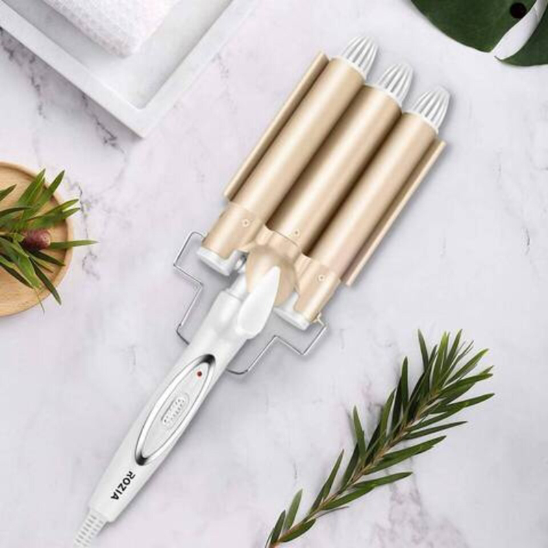 Arabest Electric Ceramic 3 Barrel Big Wave Professional Hair Curling Iron Styling Tool with Temperature Indicator & Dual Voltage, Gold