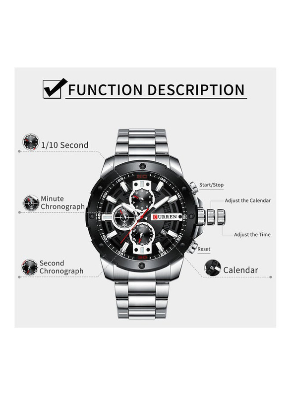Curren Stylish Analog Watch for Men with Stainless Steel Band, Water Resistant and Chronograph, J4006S-KM, Silver-Black