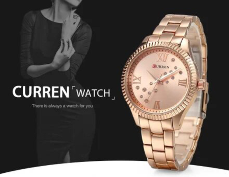 Curren Analog Watch for Women with Alloy Band, 9009, Gold/White