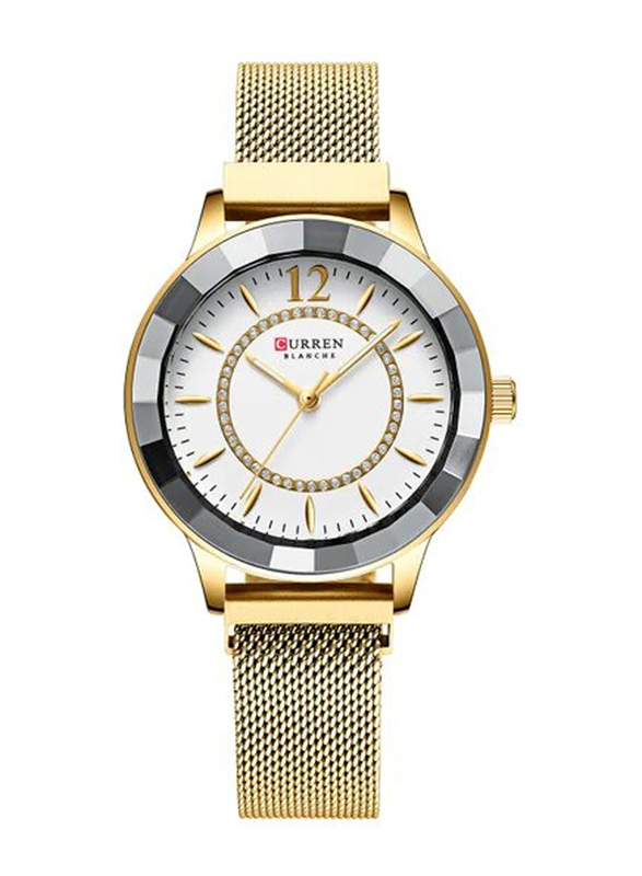 Curren Analog Watch for Women with Stainless Steel Band, Water Resistant, 9066, Gold/White
