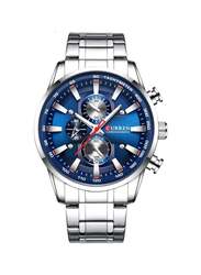 Curren Analog Wrist Watch for Men with Stainless Steel Band, Water Resistant and Chronograph, J4223S-BL, Silver-Blue