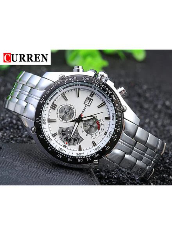 Curren Analog Watch for Men with Stainless Steel Band, Chronograph, watch013, Silver-Black