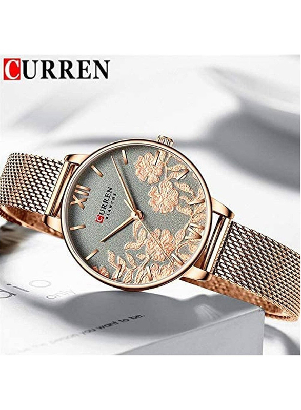Curren Analog Watch for Women with Stainless Steel Band, Water Resistant, Gold-Grey/Gold
