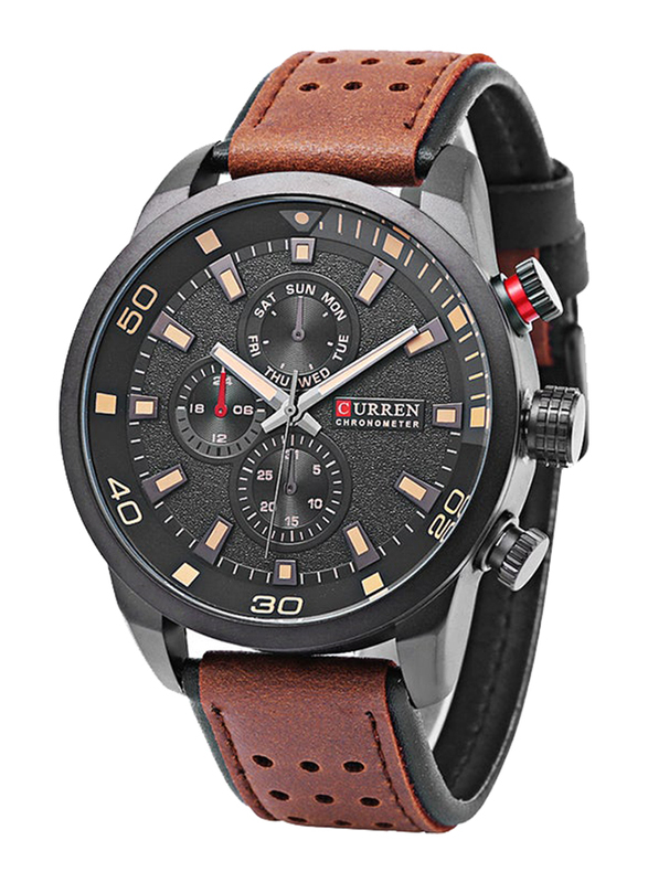 Curren Analog Watch for Men with Leather Band, Water Resistant and Chronograph, 8250, Brown-Black