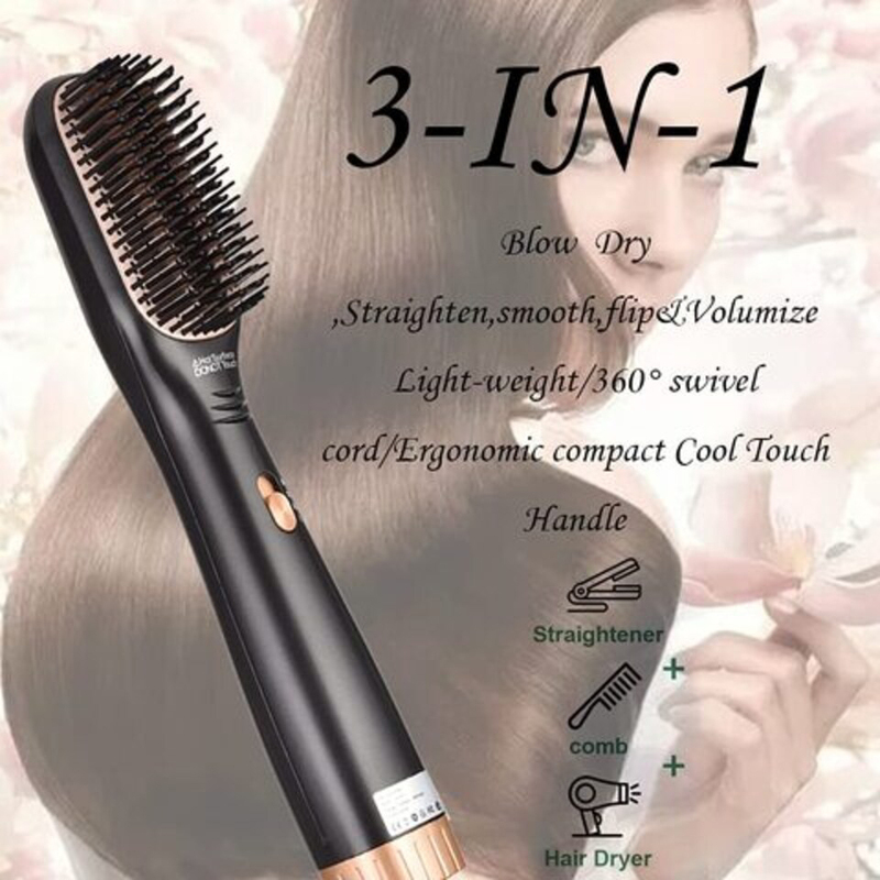 Premium 3-in-1 Hot Air Styler Comb Multi-functional Hair Dryer Hot Air Comb Styler and Volumizer Hair Straightener, Black/Gold