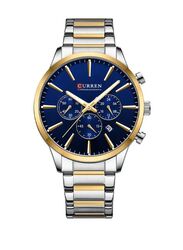 Curren Luminous Display Auto Date Calendar Luxury Wrist Watch for Men with Stainless Steel Band, Water Resistant and Chronograph, 8435, Silver/Gold-Blue