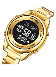 SKMEI Islamic Round Digital Adhan Alarm & Islamic Calendar Watch for Men with Stainless Steel Band, Gold-Black