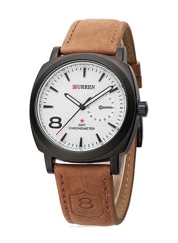 Curren Analog Watch for Men with Leather Band, Water Resistant, 8139, Brown-White