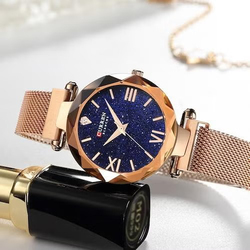 Curren Analog Watch for Women with Metal Band, Water Resistant, 9063, Rose Gold-Blue
