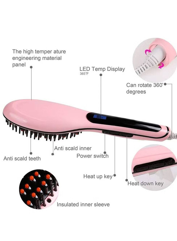 Fast Hair Straightener Electric Comb Brush with LCD Display, Pink