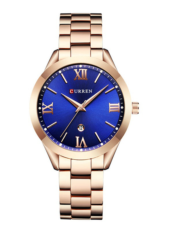 Curren Analog Watch for Women with Alloy Band, Water Resistant, 9007, Gold-Blue