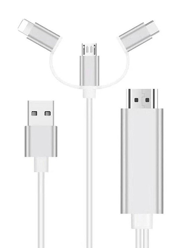2-Meter 3-in-1 HDMI Cable, Multiple Types to HDMI for Smartphones/Tablets, White/Silver
