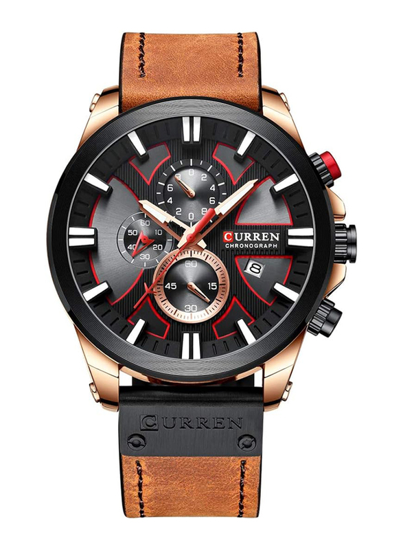 Curren Analog Watch for Men with Leather Band, Water Resistant and Chronograph, J4299BR-2-KM, Black-Brown